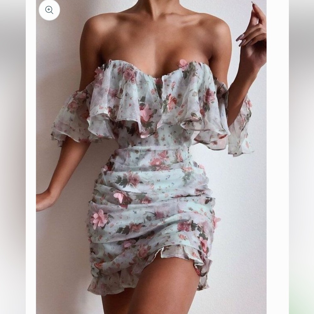 Runaway mini dress, mint color with pink floral print and aplique